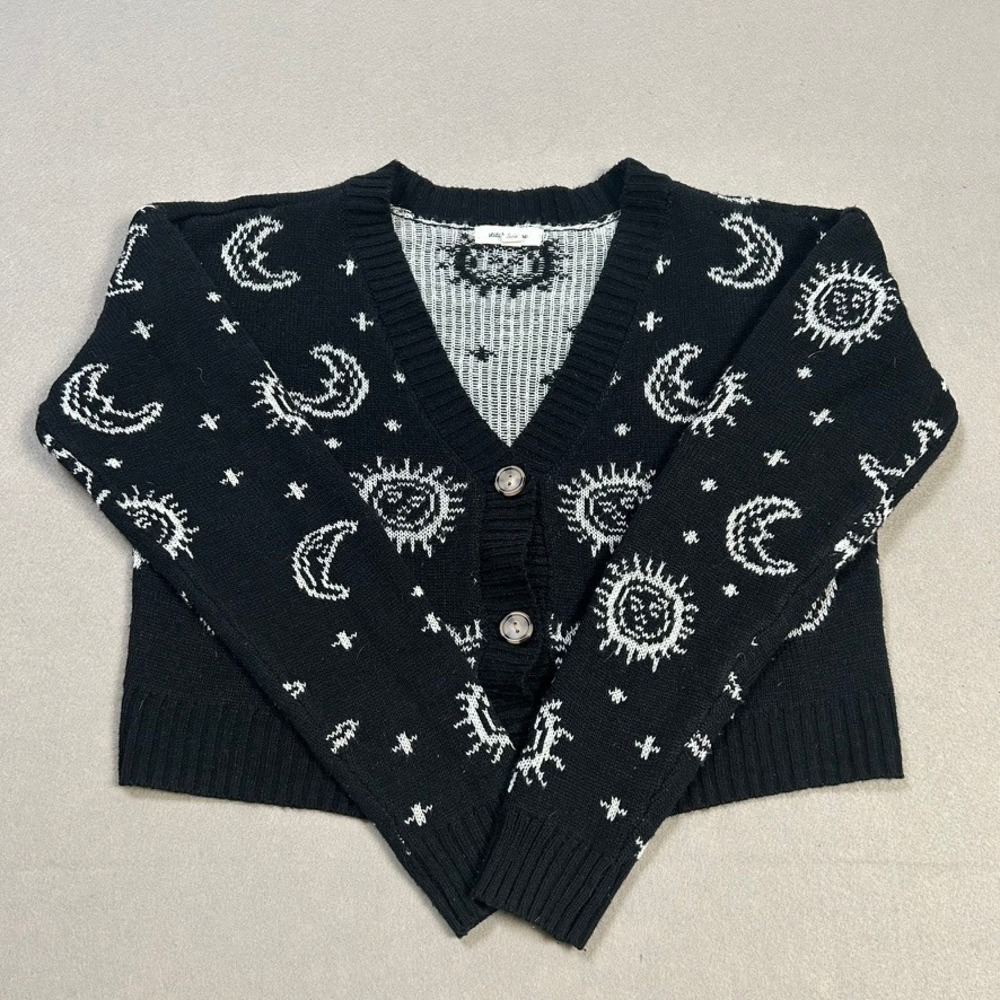 Celestial Sun Moon Cropped Cardigan Stitch & Pine Women Sweater Black White XS